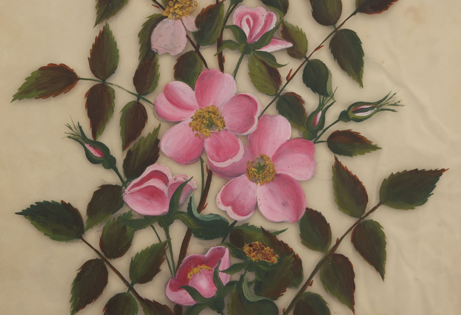 Lot 009 - Antique Folk Art Painting On Frosted Glass Of Pink Rosa Rugosa Beach Rose Flowers, In Ornate Gilded Molded Gesso Frame, Original Nails On Verso, 12-1/4" x 20-1/4"