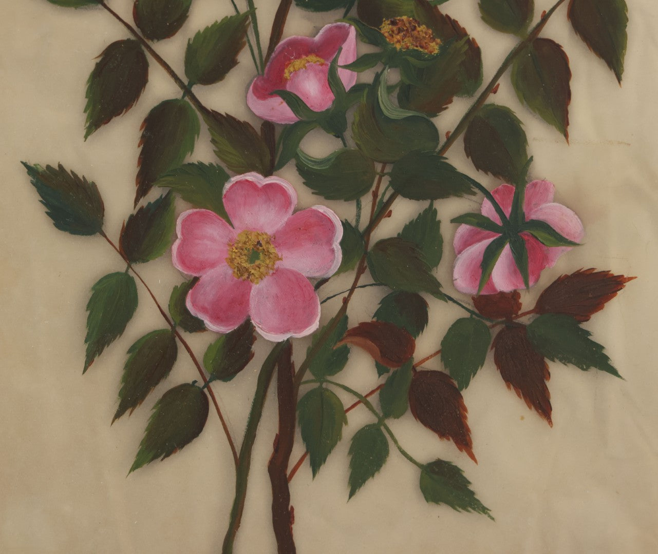 Lot 009 - Antique Folk Art Painting On Frosted Glass Of Pink Rosa Rugosa Beach Rose Flowers, In Ornate Gilded Molded Gesso Frame, Original Nails On Verso, 12-1/4" x 20-1/4"