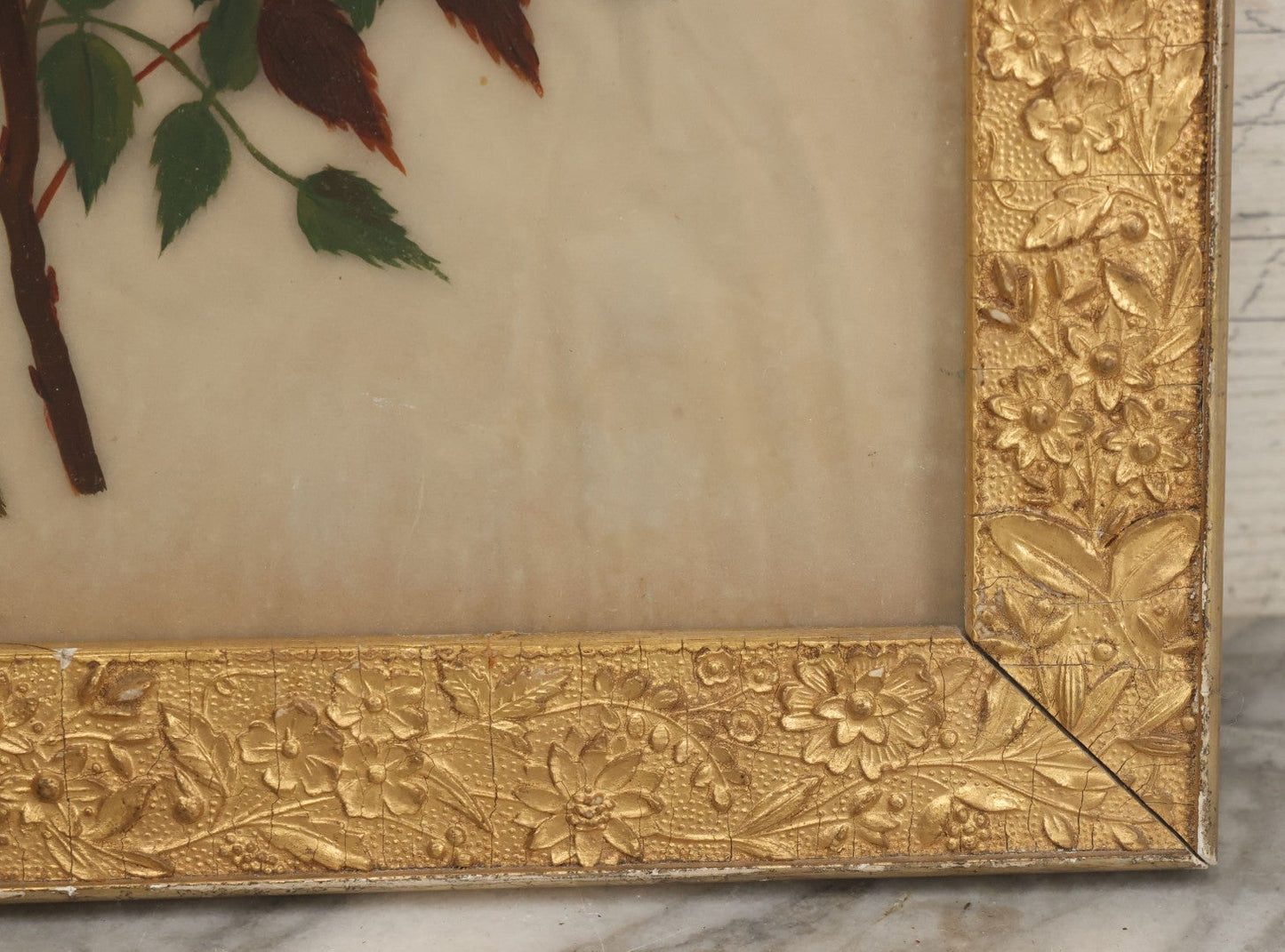 Lot 009 - Antique Folk Art Painting On Frosted Glass Of Pink Rosa Rugosa Beach Rose Flowers, In Ornate Gilded Molded Gesso Frame, Original Nails On Verso, 12-1/4" x 20-1/4"