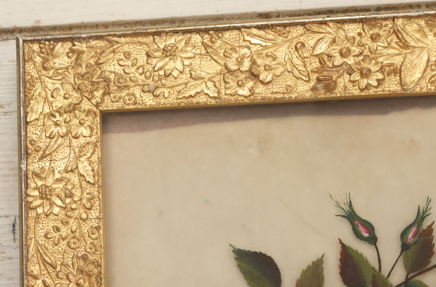 Lot 009 - Antique Folk Art Painting On Frosted Glass Of Pink Rosa Rugosa Beach Rose Flowers, In Ornate Gilded Molded Gesso Frame, Original Nails On Verso, 12-1/4" x 20-1/4"