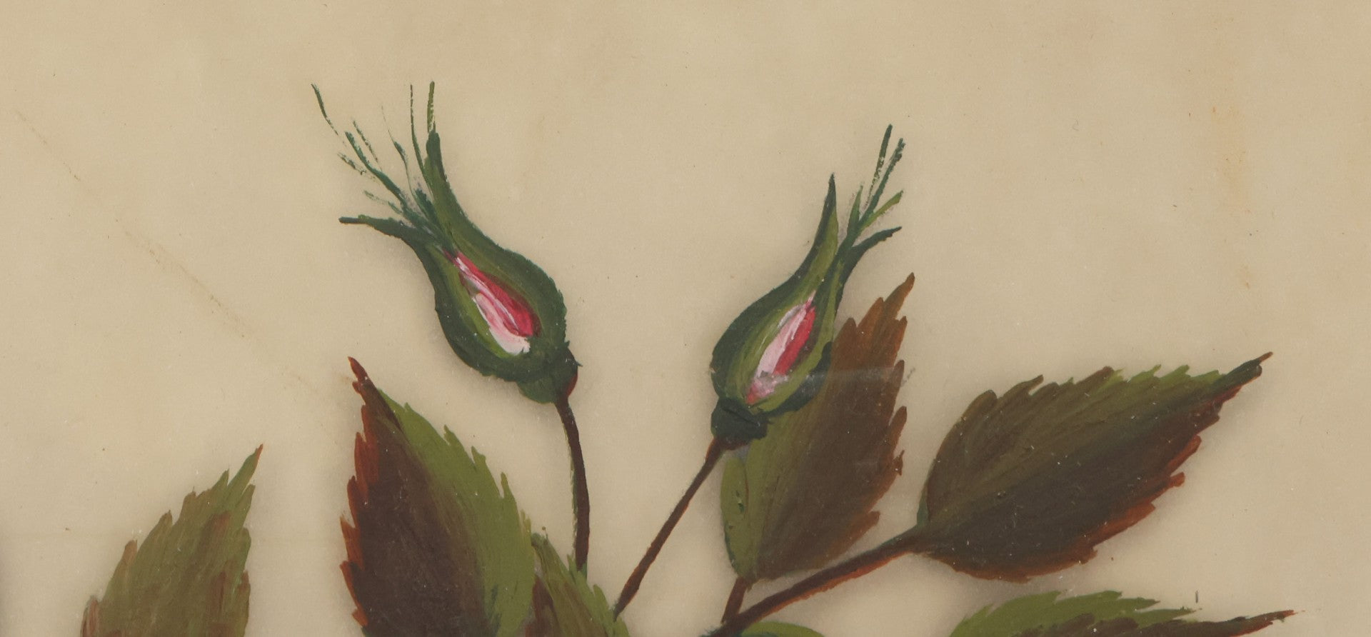 Lot 009 - Antique Folk Art Painting On Frosted Glass Of Pink Rosa Rugosa Beach Rose Flowers, In Ornate Gilded Molded Gesso Frame, Original Nails On Verso, 12-1/4" x 20-1/4"