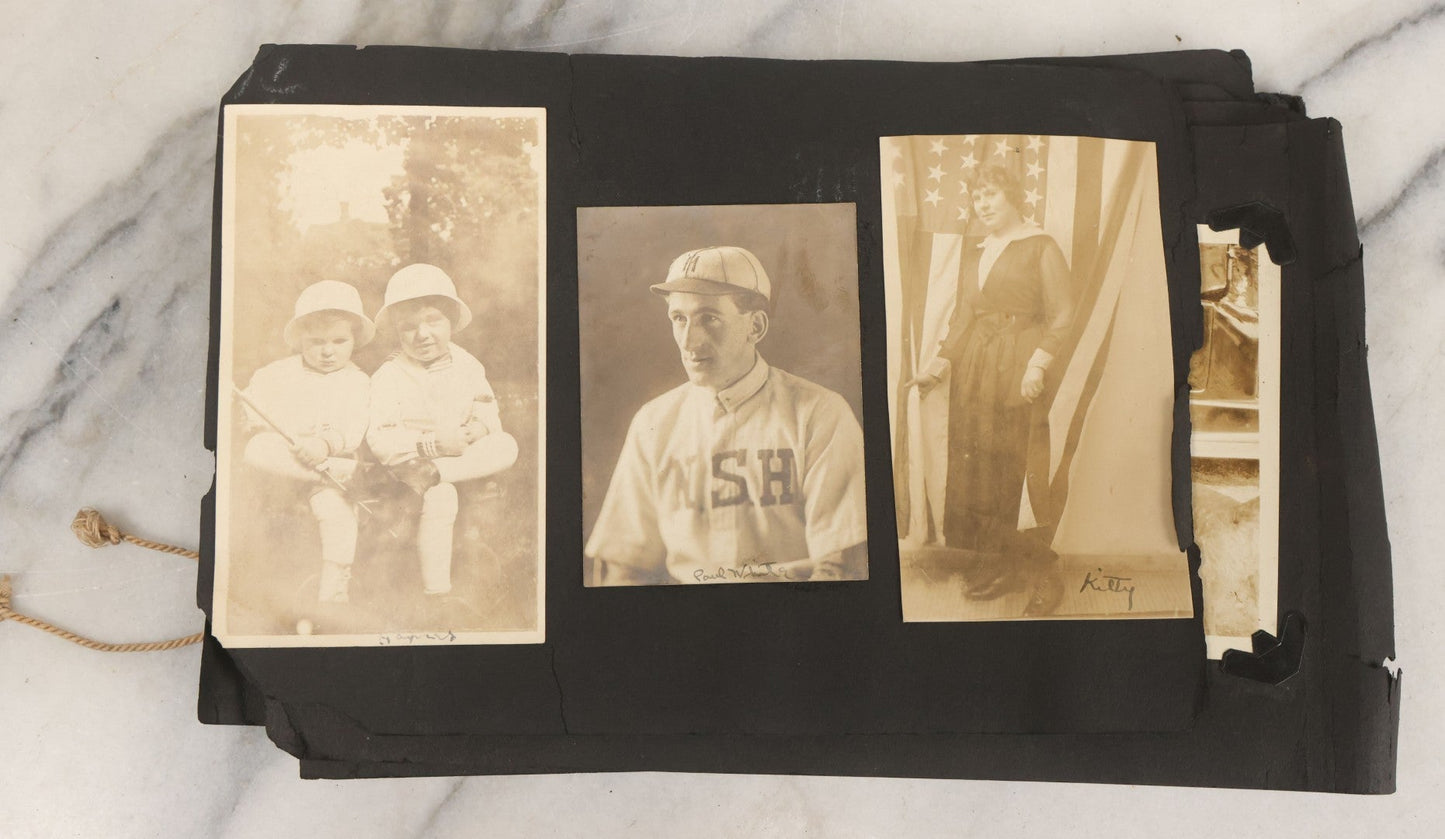 Lot 010 - Antique Vernacular Snapshot Photo Album With 90+ Photographs Circa 1910-1920, Including Baseball Player, Woman Posing With Flag, Bartenders, Many Dogs And Pets, And More