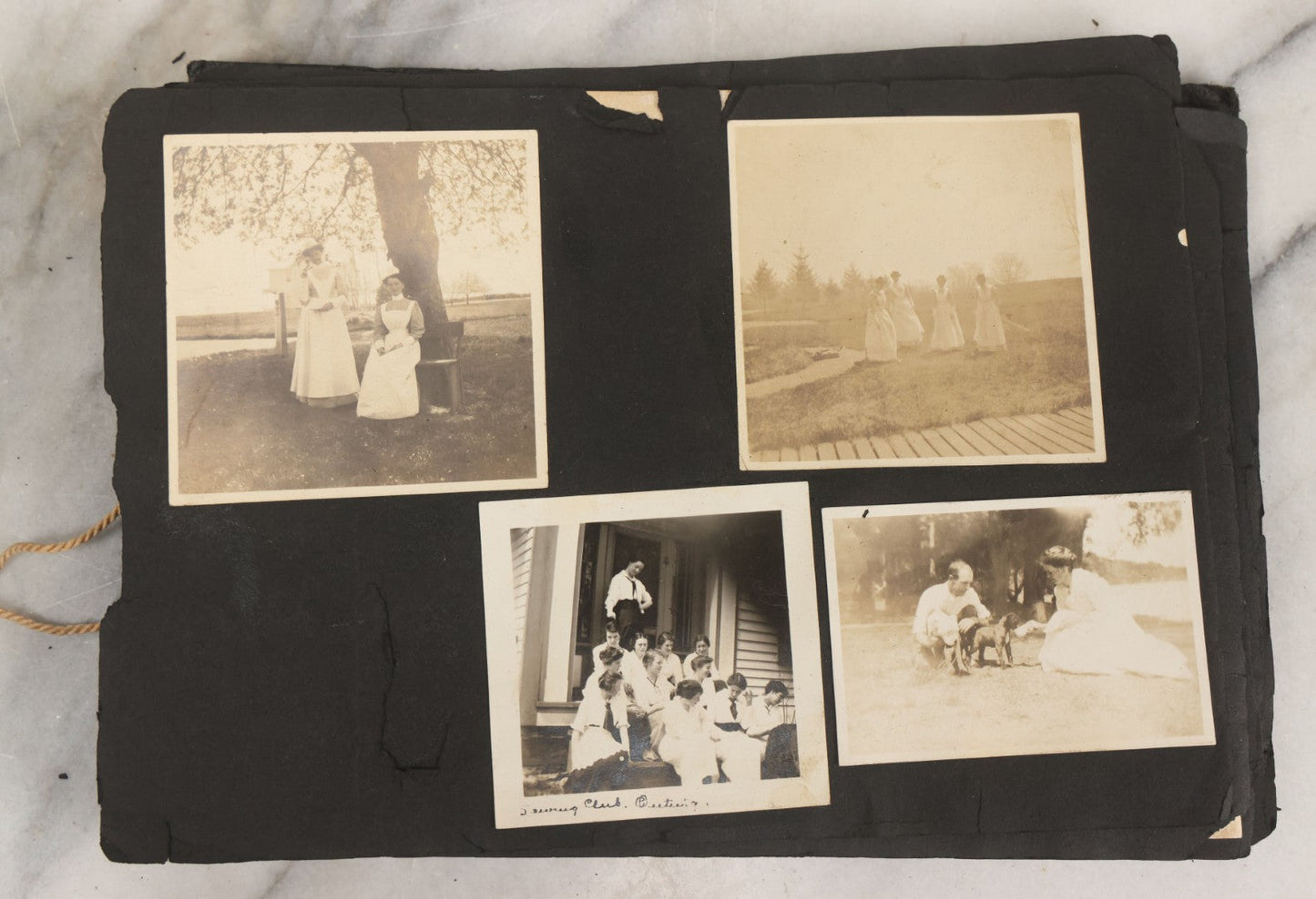 Lot 010 - Antique Vernacular Snapshot Photo Album With 90+ Photographs Circa 1910-1920, Including Baseball Player, Woman Posing With Flag, Bartenders, Many Dogs And Pets, And More