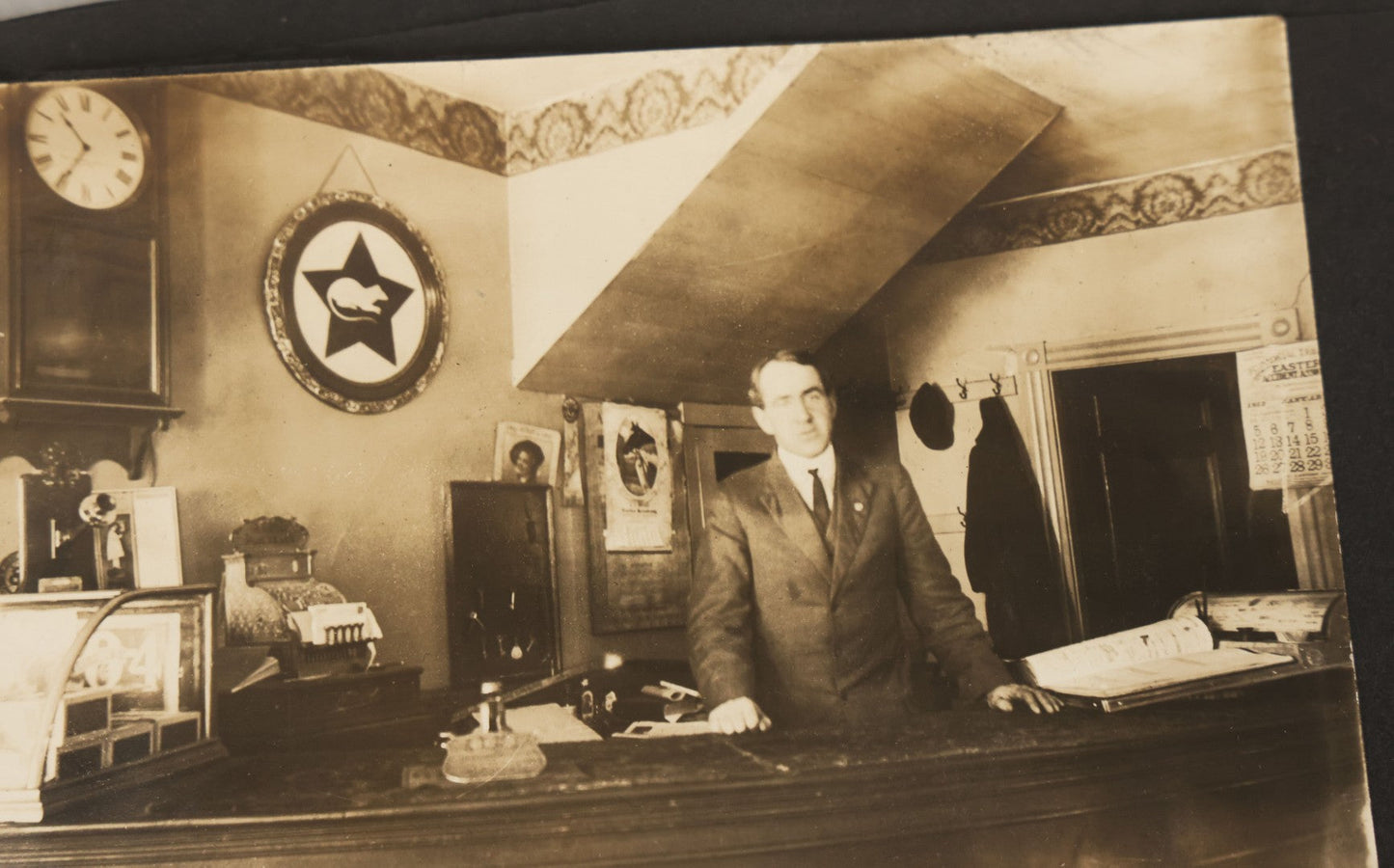 Lot 010 - Antique Vernacular Snapshot Photo Album With 90+ Photographs Circa 1910-1920, Including Baseball Player, Woman Posing With Flag, Bartenders, Many Dogs And Pets, And More