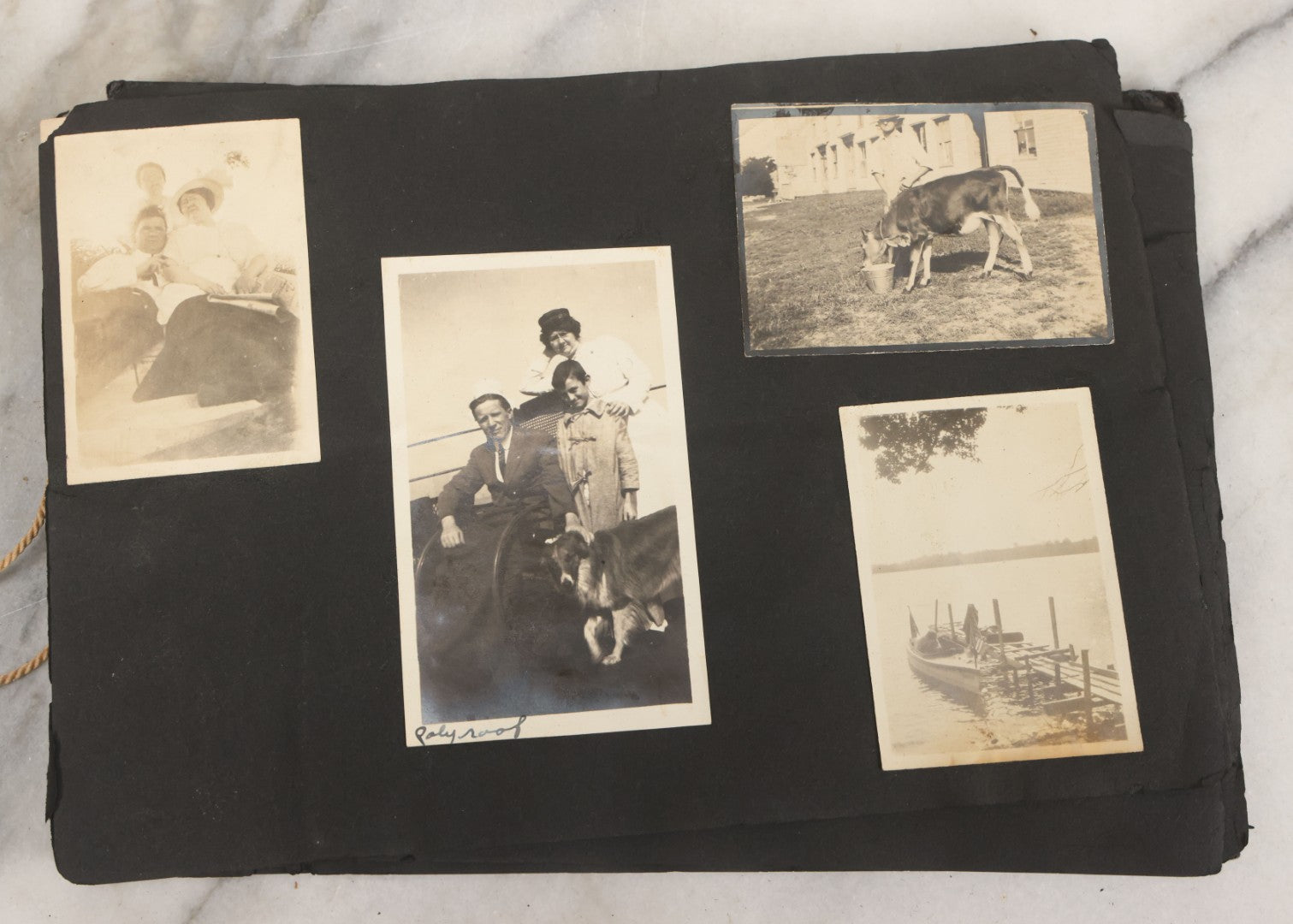 Lot 010 - Antique Vernacular Snapshot Photo Album With 90+ Photographs Circa 1910-1920, Including Baseball Player, Woman Posing With Flag, Bartenders, Many Dogs And Pets, And More