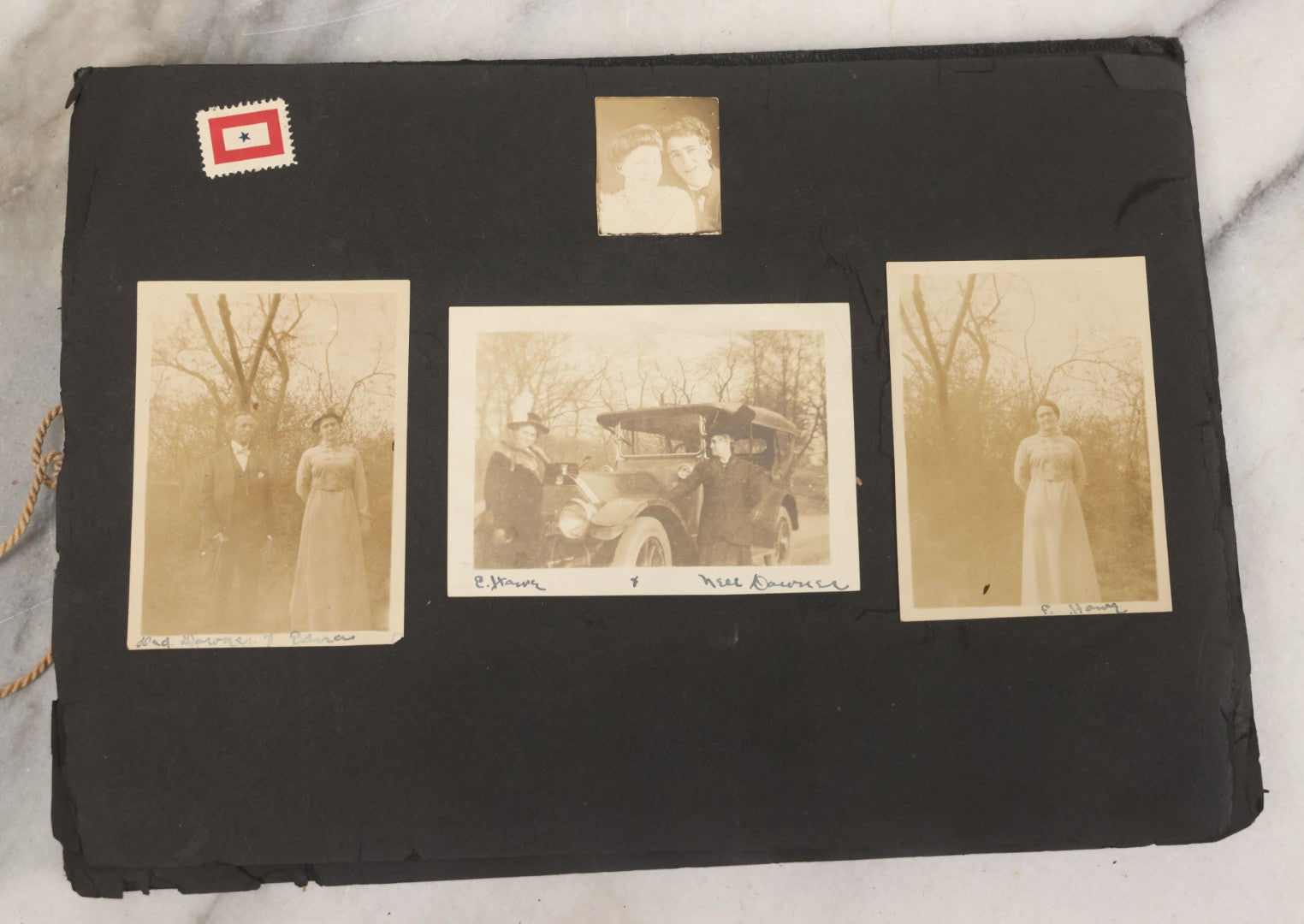Lot 010 - Antique Vernacular Snapshot Photo Album With 90+ Photographs Circa 1910-1920, Including Baseball Player, Woman Posing With Flag, Bartenders, Many Dogs And Pets, And More