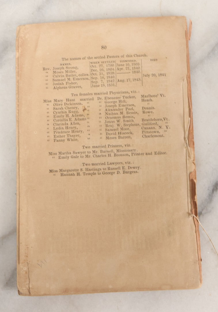 Lot 168 - "Historical Discourse Delivered By Rev. Moses Miller, Former Pastor Of The First Congregational Church In Heath, At The Request Of Said Church, October 13, 1852" Antique Booklet Printed By George W. Mirick, Shelburne Falls, Massachusetts, 1853