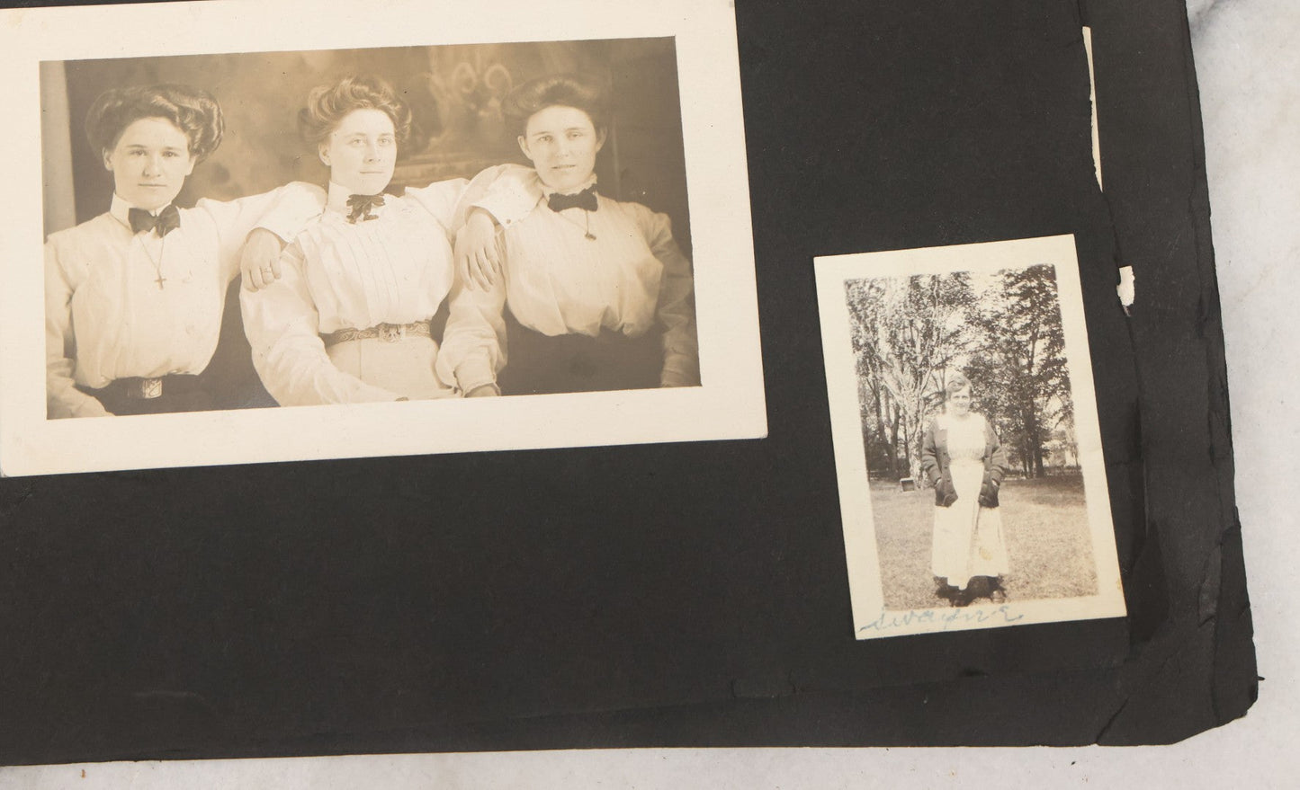 Lot 010 - Antique Vernacular Snapshot Photo Album With 90+ Photographs Circa 1910-1920, Including Baseball Player, Woman Posing With Flag, Bartenders, Many Dogs And Pets, And More