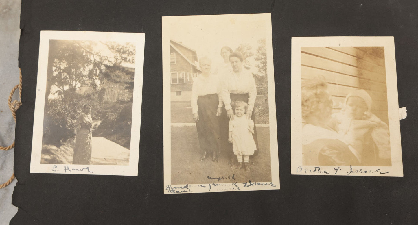 Lot 010 - Antique Vernacular Snapshot Photo Album With 90+ Photographs Circa 1910-1920, Including Baseball Player, Woman Posing With Flag, Bartenders, Many Dogs And Pets, And More