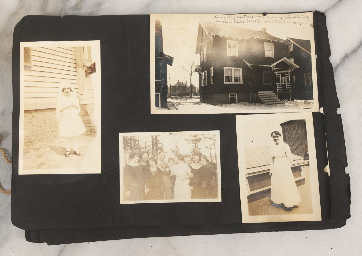 Lot 010 - Antique Vernacular Snapshot Photo Album With 90+ Photographs Circa 1910-1920, Including Baseball Player, Woman Posing With Flag, Bartenders, Many Dogs And Pets, And More