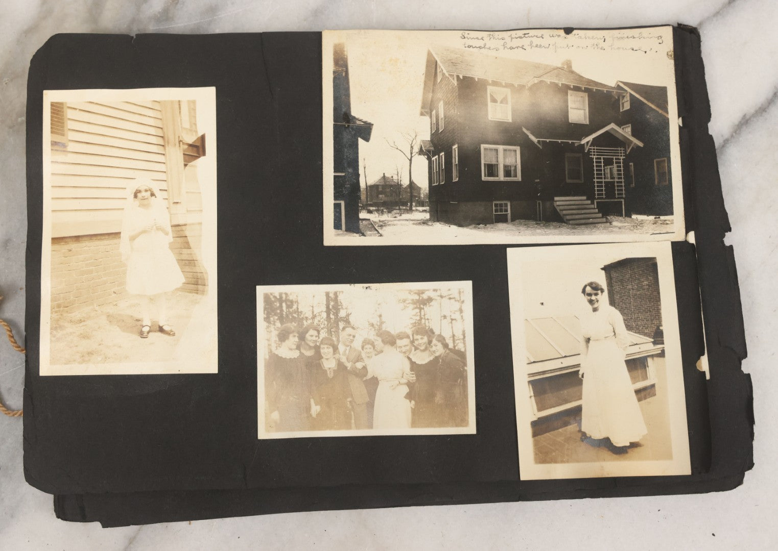 Lot 010 - Antique Vernacular Snapshot Photo Album With 90+ Photographs Circa 1910-1920, Including Baseball Player, Woman Posing With Flag, Bartenders, Many Dogs And Pets, And More