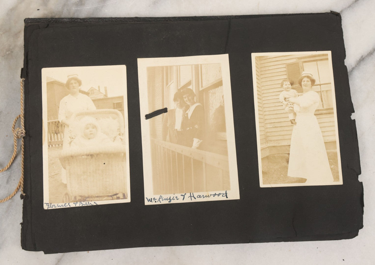 Lot 010 - Antique Vernacular Snapshot Photo Album With 90+ Photographs Circa 1910-1920, Including Baseball Player, Woman Posing With Flag, Bartenders, Many Dogs And Pets, And More