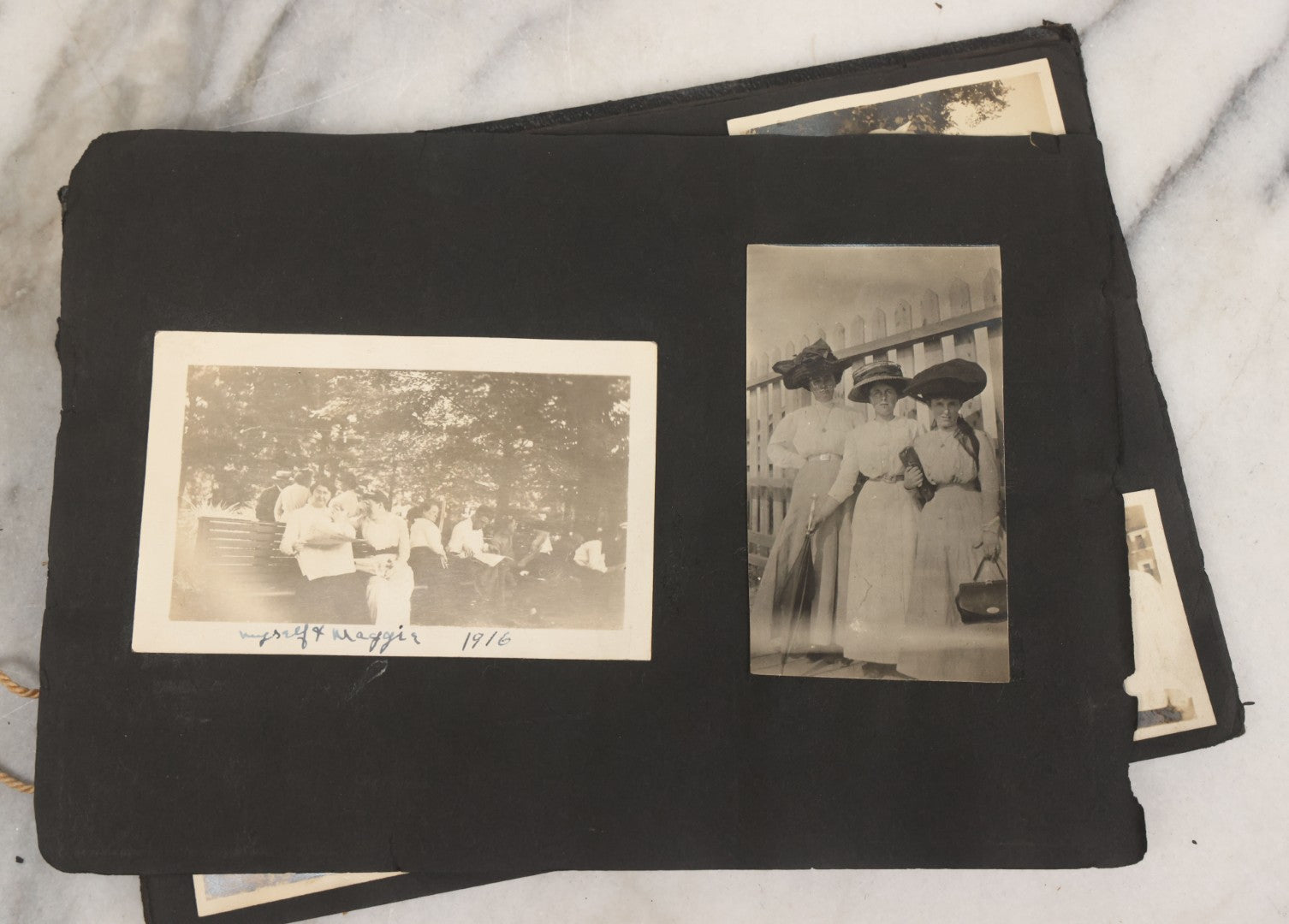 Lot 010 - Antique Vernacular Snapshot Photo Album With 90+ Photographs Circa 1910-1920, Including Baseball Player, Woman Posing With Flag, Bartenders, Many Dogs And Pets, And More