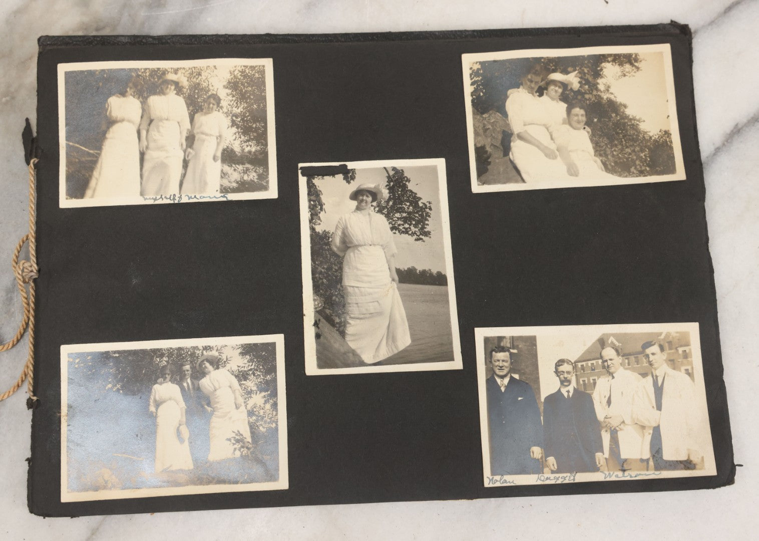 Lot 010 - Antique Vernacular Snapshot Photo Album With 90+ Photographs Circa 1910-1920, Including Baseball Player, Woman Posing With Flag, Bartenders, Many Dogs And Pets, And More
