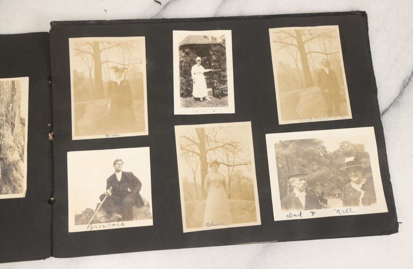 Lot 010 - Antique Vernacular Snapshot Photo Album With 90+ Photographs Circa 1910-1920, Including Baseball Player, Woman Posing With Flag, Bartenders, Many Dogs And Pets, And More