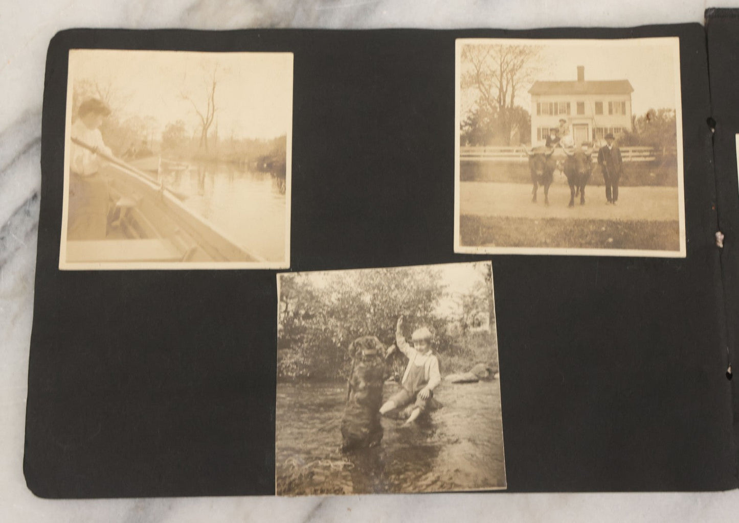 Lot 010 - Antique Vernacular Snapshot Photo Album With 90+ Photographs Circa 1910-1920, Including Baseball Player, Woman Posing With Flag, Bartenders, Many Dogs And Pets, And More