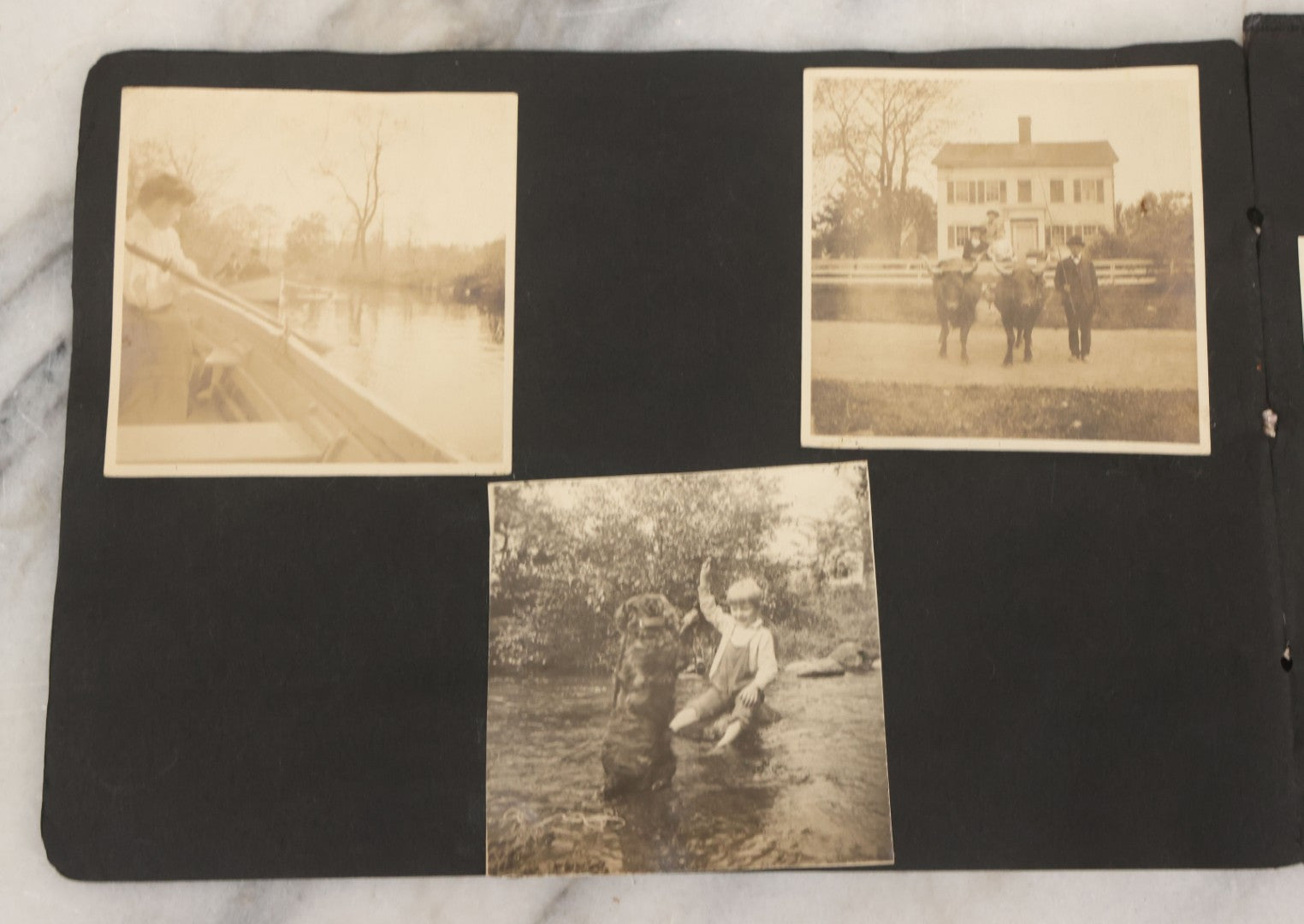 Lot 010 - Antique Vernacular Snapshot Photo Album With 90+ Photographs Circa 1910-1920, Including Baseball Player, Woman Posing With Flag, Bartenders, Many Dogs And Pets, And More