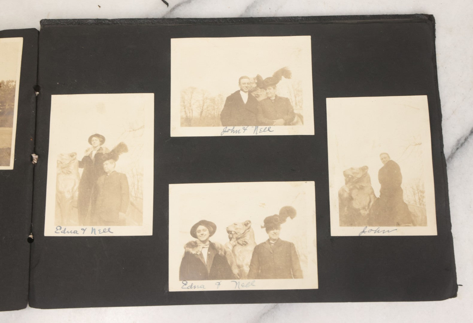 Lot 010 - Antique Vernacular Snapshot Photo Album With 90+ Photographs Circa 1910-1920, Including Baseball Player, Woman Posing With Flag, Bartenders, Many Dogs And Pets, And More
