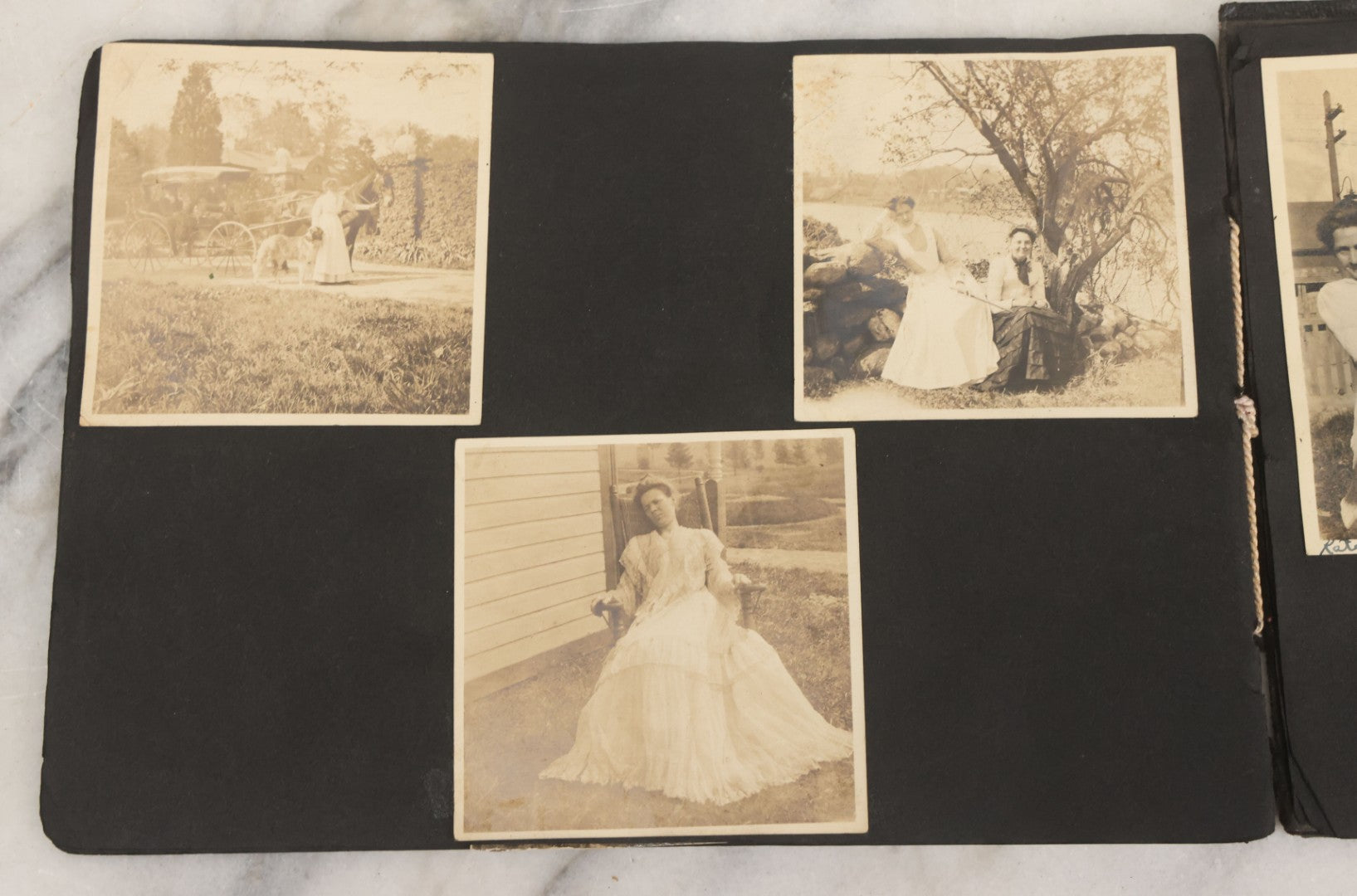 Lot 010 - Antique Vernacular Snapshot Photo Album With 90+ Photographs Circa 1910-1920, Including Baseball Player, Woman Posing With Flag, Bartenders, Many Dogs And Pets, And More