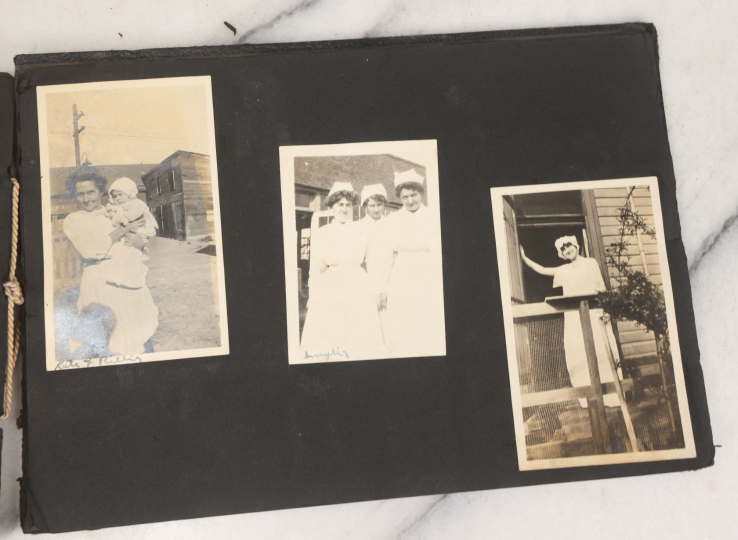 Lot 010 - Antique Vernacular Snapshot Photo Album With 90+ Photographs Circa 1910-1920, Including Baseball Player, Woman Posing With Flag, Bartenders, Many Dogs And Pets, And More