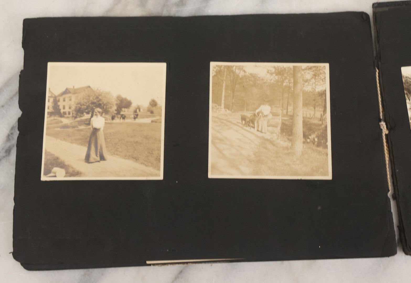 Lot 010 - Antique Vernacular Snapshot Photo Album With 90+ Photographs Circa 1910-1920, Including Baseball Player, Woman Posing With Flag, Bartenders, Many Dogs And Pets, And More