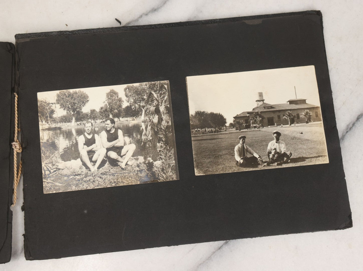 Lot 010 - Antique Vernacular Snapshot Photo Album With 90+ Photographs Circa 1910-1920, Including Baseball Player, Woman Posing With Flag, Bartenders, Many Dogs And Pets, And More