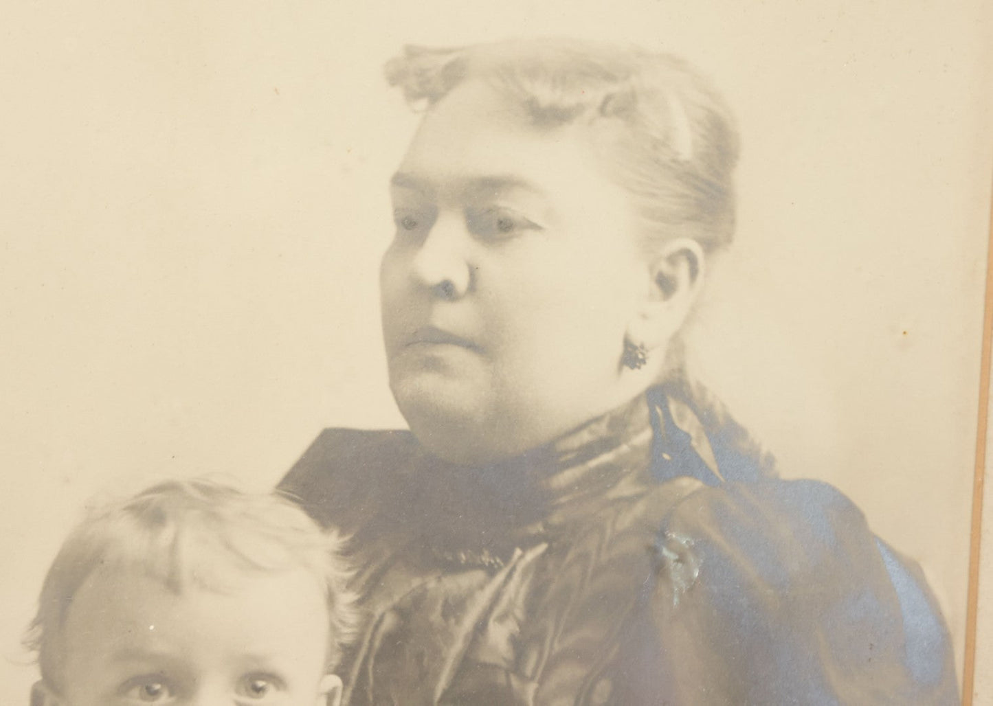 Lot 011 - Antique Framed Portrait Photo Of Mother Child And Their Mixed Breed Terrier Dog In Gilded Molded Gesso Frame, 20-3/8" x 24-1/4"