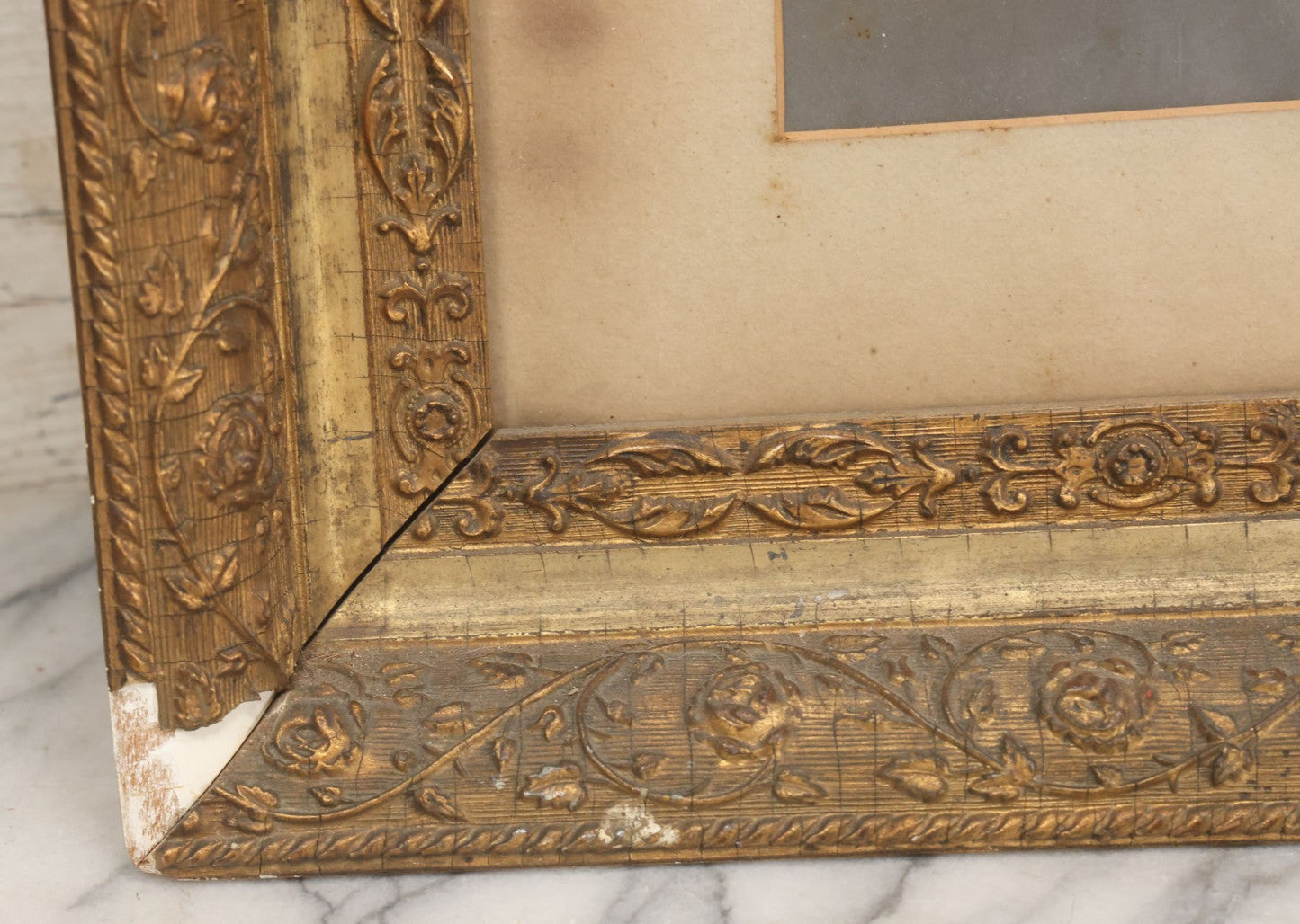 Lot 011 - Antique Framed Portrait Photo Of Mother Child And Their Mixed Breed Terrier Dog In Gilded Molded Gesso Frame, 20-3/8" x 24-1/4"