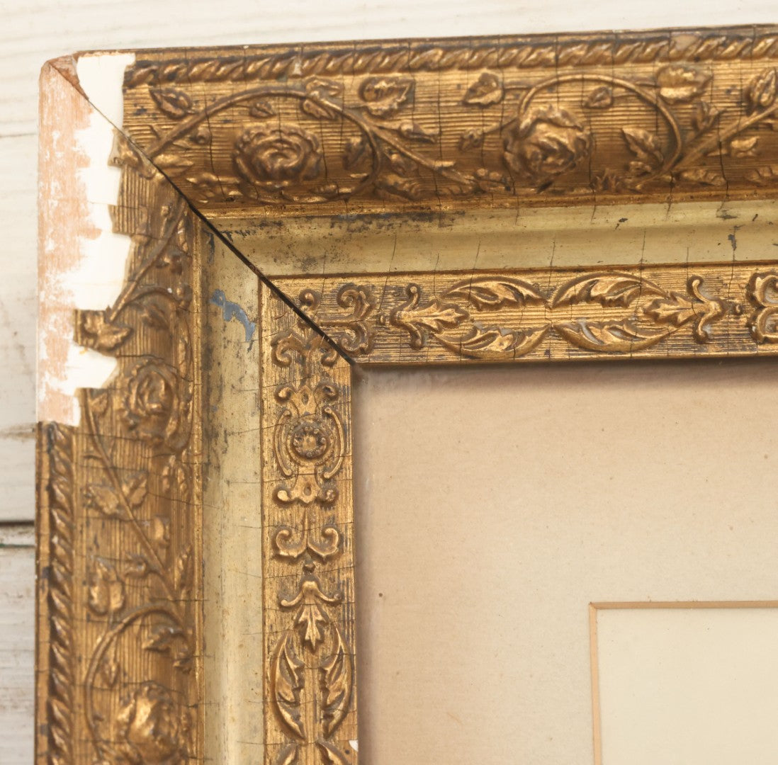 Lot 011 - Antique Framed Portrait Photo Of Mother Child And Their Mixed Breed Terrier Dog In Gilded Molded Gesso Frame, 20-3/8" x 24-1/4"