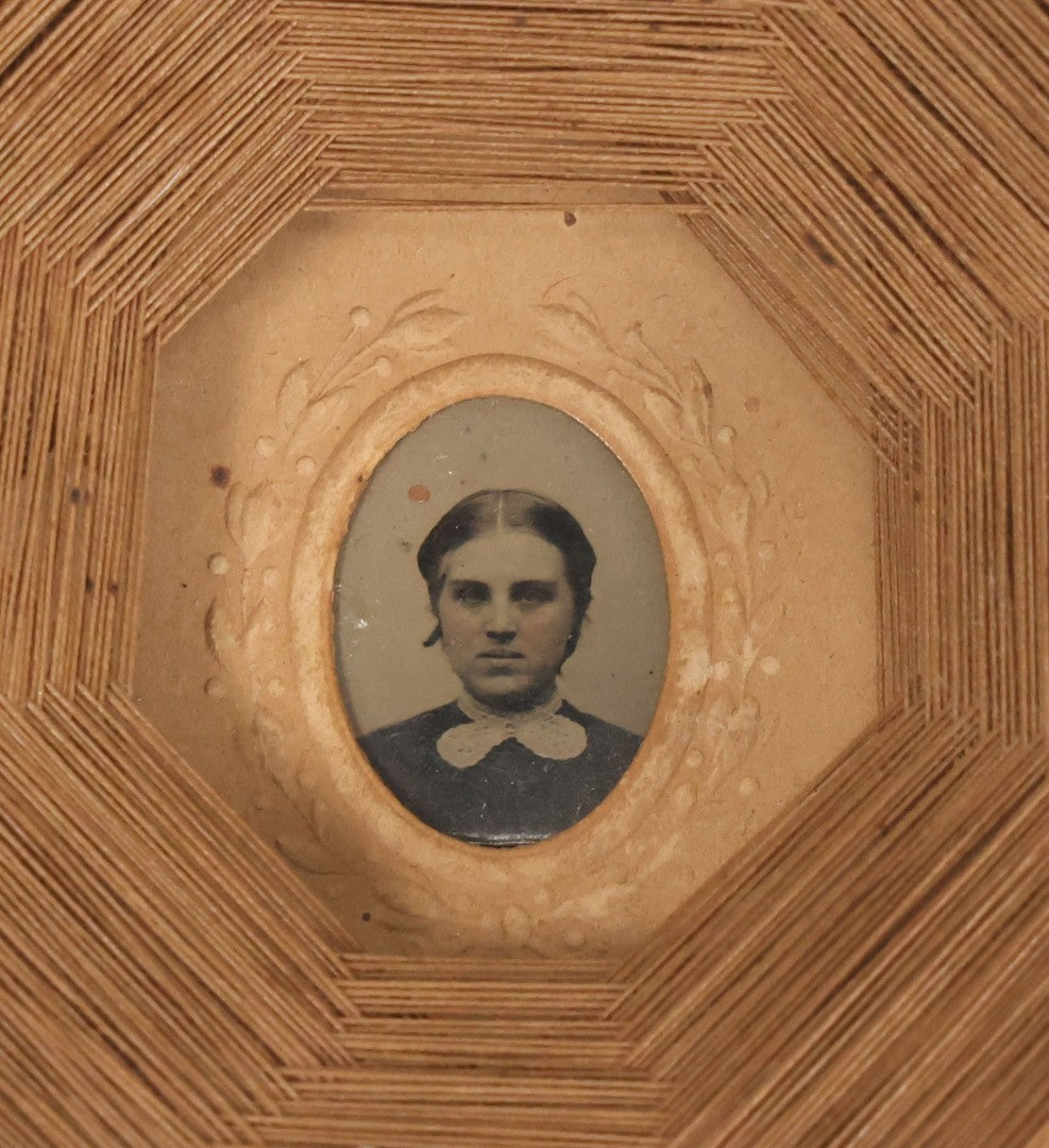 Lot 013 - Antique Folk Art String Frame With Gem Sized Tintype Of Young Woman With White Lace Collar, As Found, 4-1/2" x 4-1/2"