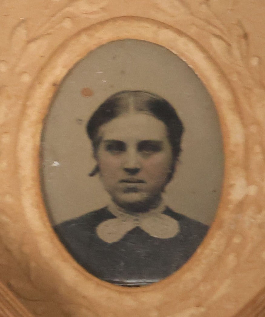 Lot 013 - Antique Folk Art String Frame With Gem Sized Tintype Of Young Woman With White Lace Collar, As Found, 4-1/2" x 4-1/2"