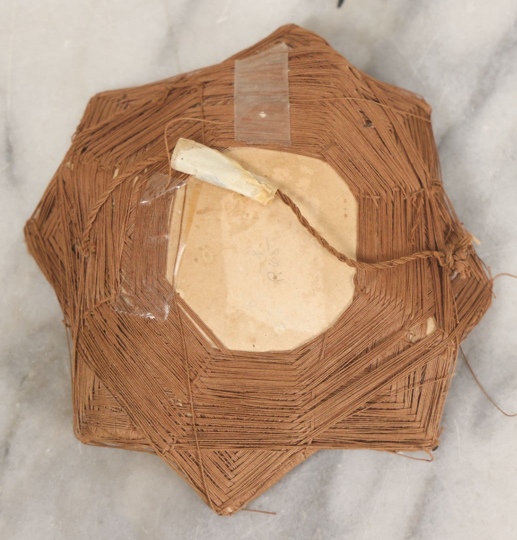 Lot 013 - Antique Folk Art String Frame With Gem Sized Tintype Of Young Woman With White Lace Collar, As Found, 4-1/2" x 4-1/2"