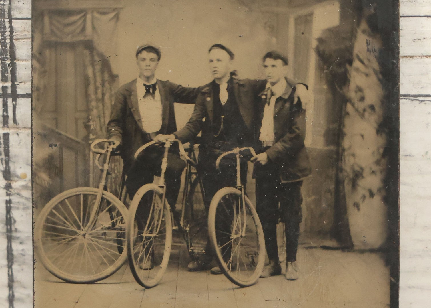 Lot 014 - Antique Tintype Photograph Of Three Young Men Posing With Their Bicycles In Studio, Circa 1890