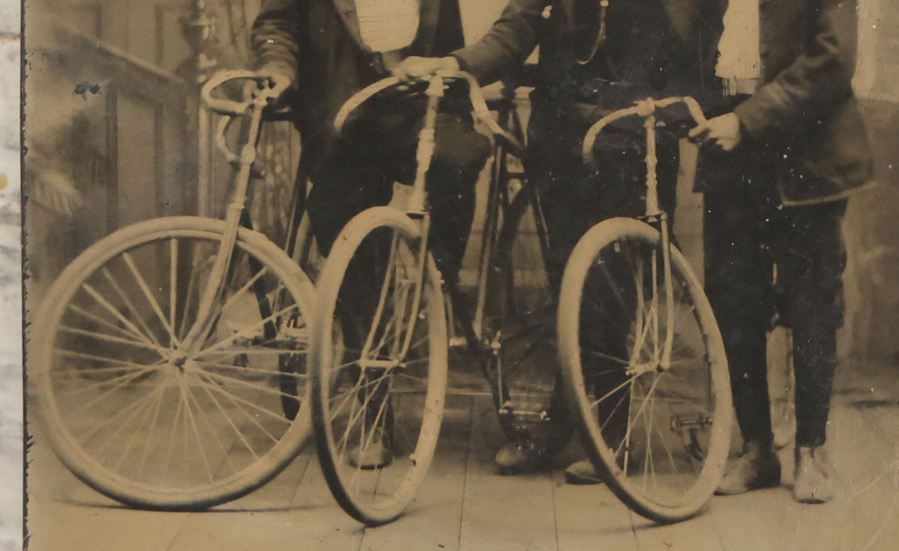 Lot 014 - Antique Tintype Photograph Of Three Young Men Posing With Their Bicycles In Studio, Circa 1890