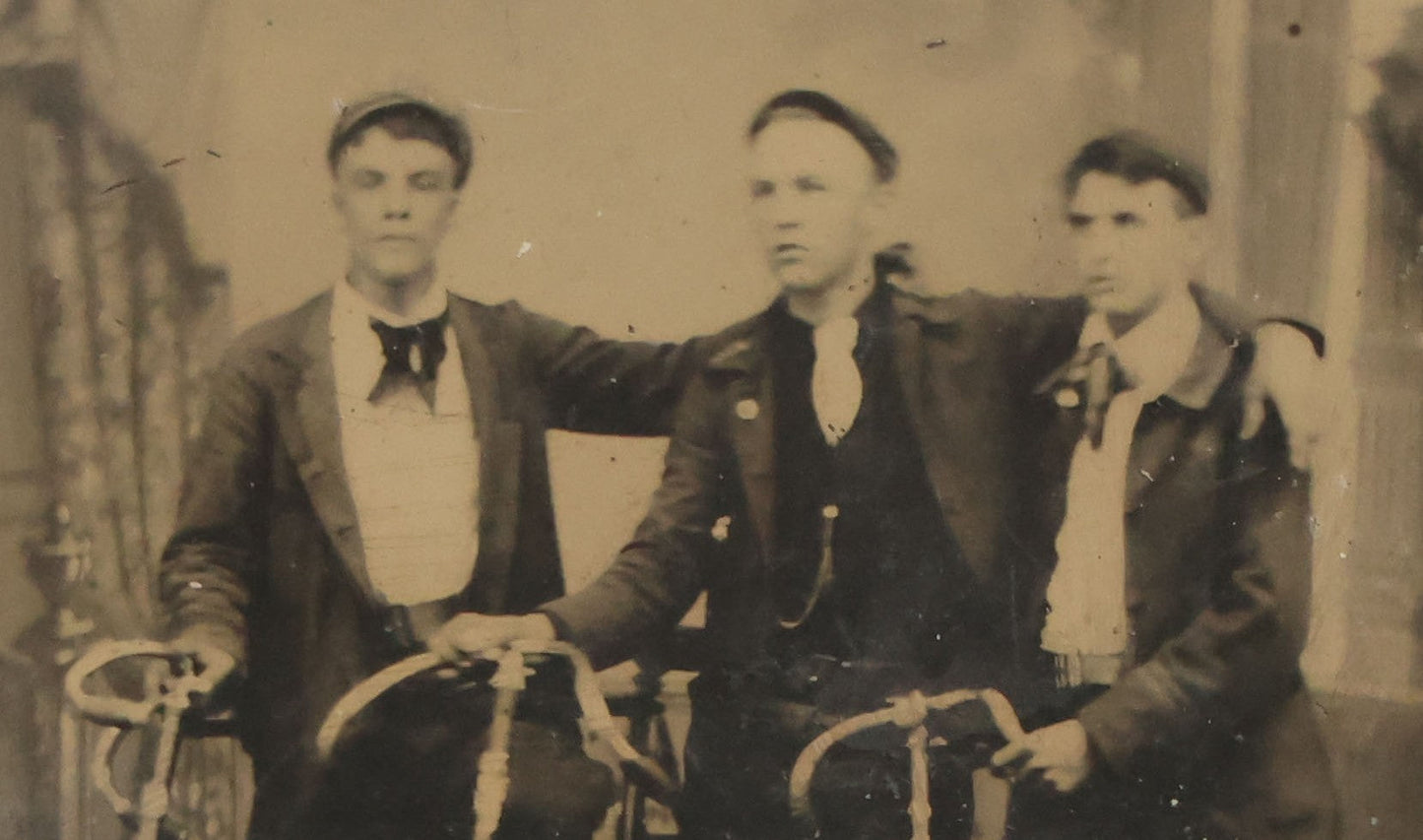 Lot 014 - Antique Tintype Photograph Of Three Young Men Posing With Their Bicycles In Studio, Circa 1890