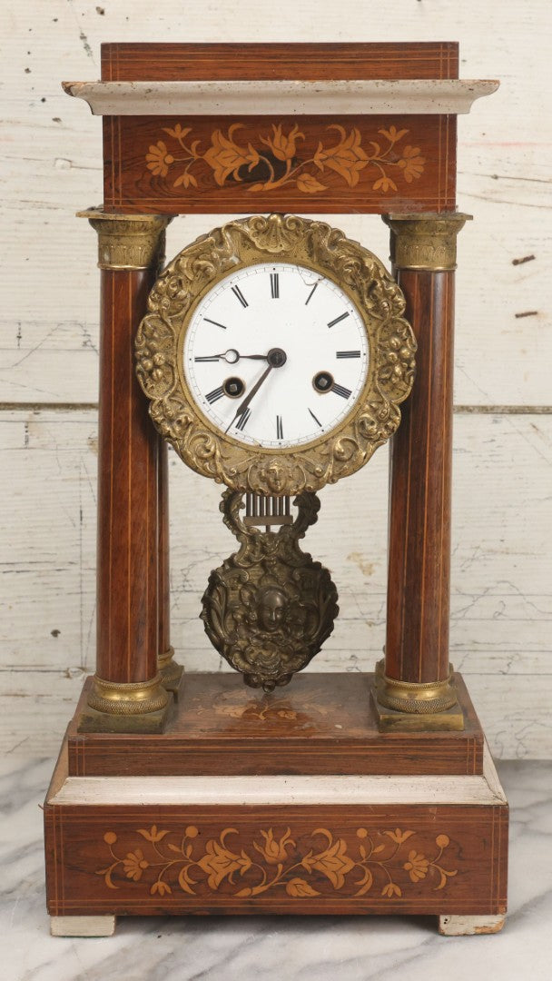 Lot 021 - Antique Inlaid Wood Cased Time And Strike Clock With Brass Adornments, Crane Decorations, Woman's Head On Pendulum, With "Brocot Brevete" Marked Movement, Porcelain Dial, Untested, As-Is, 16-1/2" Height