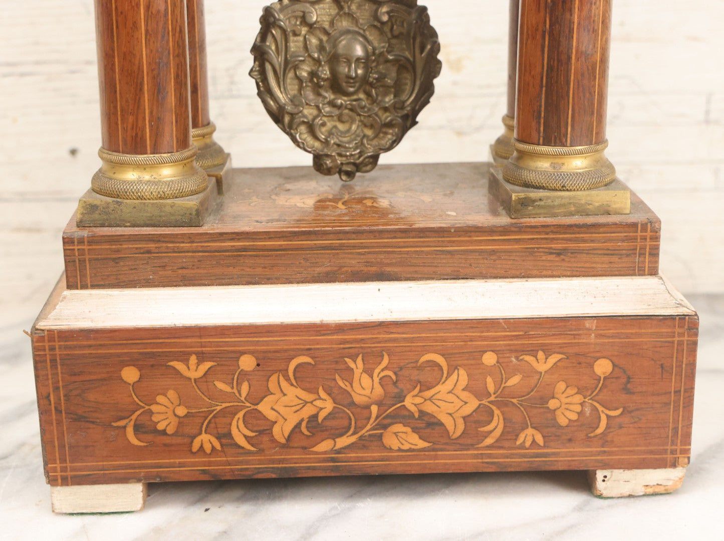 Lot 021 - Antique Inlaid Wood Cased Time And Strike Clock With Brass Adornments, Crane Decorations, Woman's Head On Pendulum, With "Brocot Brevete" Marked Movement, Porcelain Dial, Untested, As-Is, 16-1/2" Height