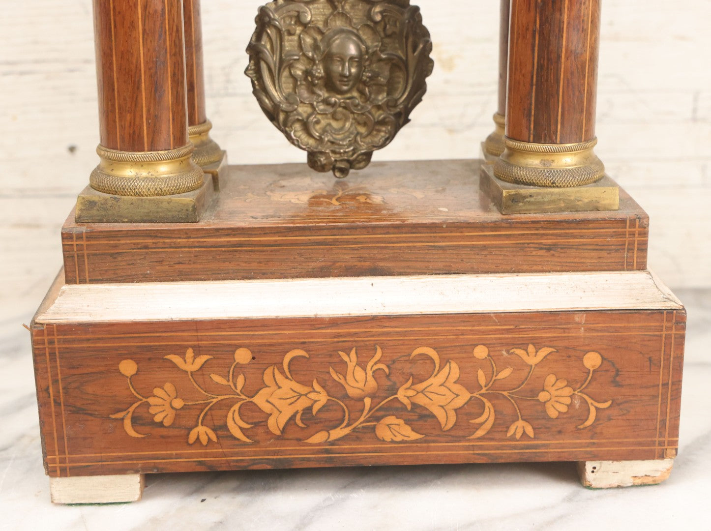 Lot 021 - Antique Inlaid Wood Cased Time And Strike Clock With Brass Adornments, Crane Decorations, Woman's Head On Pendulum, With "Brocot Brevete" Marked Movement, Porcelain Dial, Untested, As-Is, 16-1/2" Height