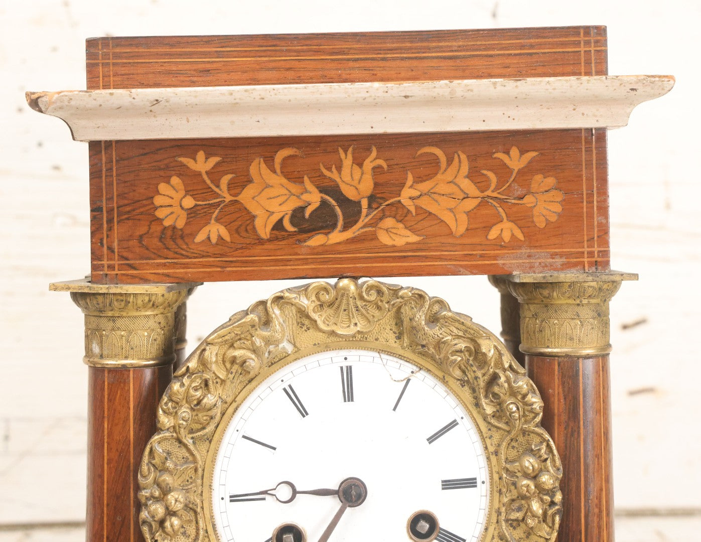 Lot 021 - Antique Inlaid Wood Cased Time And Strike Clock With Brass Adornments, Crane Decorations, Woman's Head On Pendulum, With "Brocot Brevete" Marked Movement, Porcelain Dial, Untested, As-Is, 16-1/2" Height