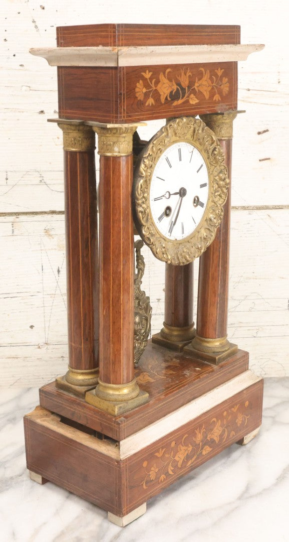 Lot 021 - Antique Inlaid Wood Cased Time And Strike Clock With Brass Adornments, Crane Decorations, Woman's Head On Pendulum, With "Brocot Brevete" Marked Movement, Porcelain Dial, Untested, As-Is, 16-1/2" Height