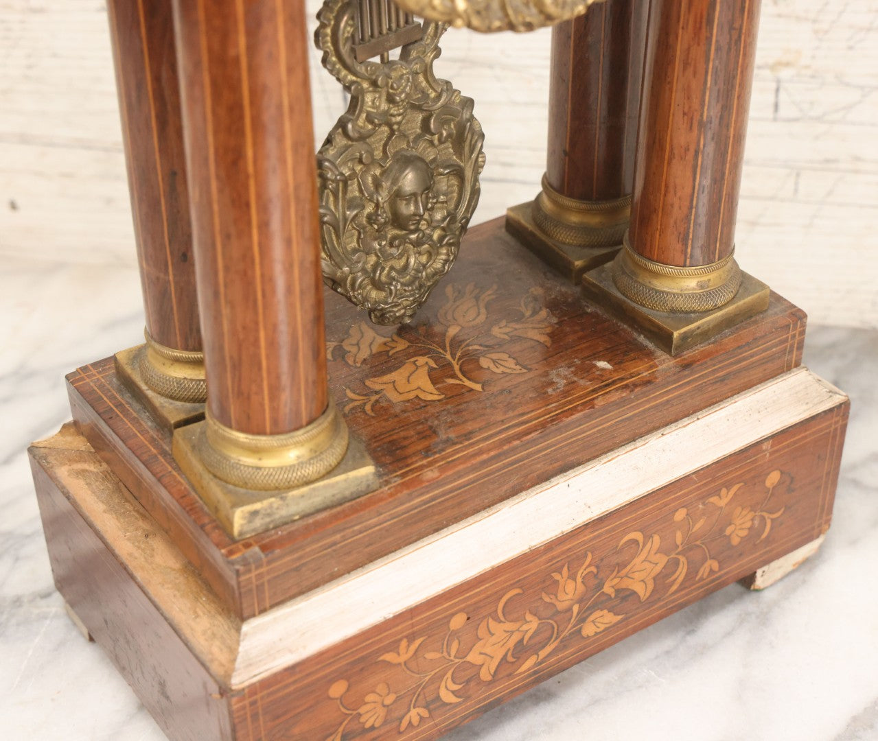 Lot 021 - Antique Inlaid Wood Cased Time And Strike Clock With Brass Adornments, Crane Decorations, Woman's Head On Pendulum, With "Brocot Brevete" Marked Movement, Porcelain Dial, Untested, As-Is, 16-1/2" Height