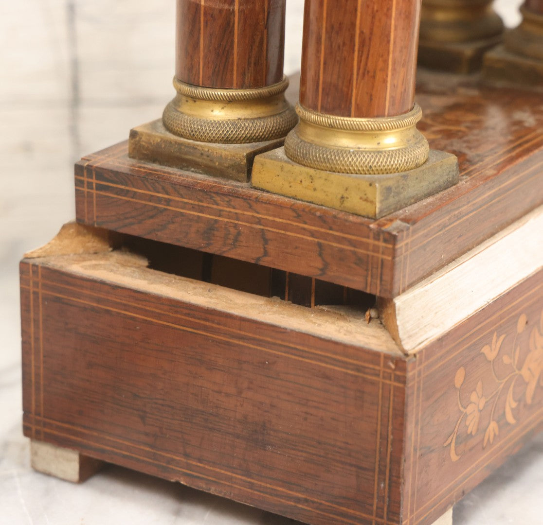 Lot 021 - Antique Inlaid Wood Cased Time And Strike Clock With Brass Adornments, Crane Decorations, Woman's Head On Pendulum, With "Brocot Brevete" Marked Movement, Porcelain Dial, Untested, As-Is, 16-1/2" Height