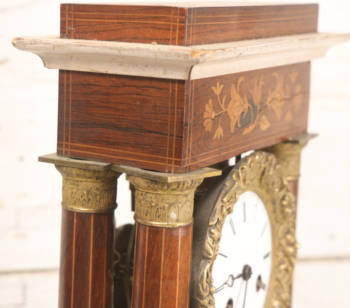Lot 021 - Antique Inlaid Wood Cased Time And Strike Clock With Brass Adornments, Crane Decorations, Woman's Head On Pendulum, With "Brocot Brevete" Marked Movement, Porcelain Dial, Untested, As-Is, 16-1/2" Height