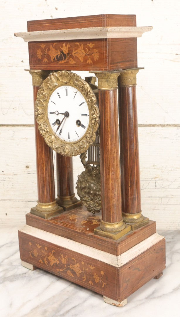 Lot 021 - Antique Inlaid Wood Cased Time And Strike Clock With Brass Adornments, Crane Decorations, Woman's Head On Pendulum, With "Brocot Brevete" Marked Movement, Porcelain Dial, Untested, As-Is, 16-1/2" Height