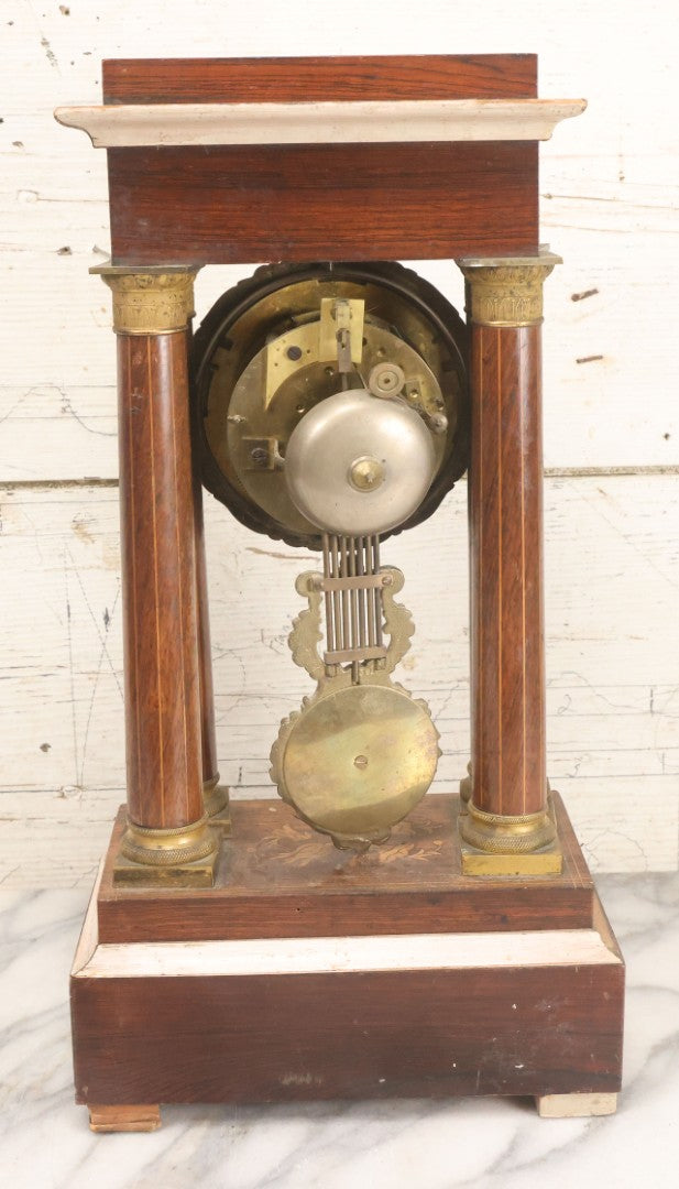 Lot 021 - Antique Inlaid Wood Cased Time And Strike Clock With Brass Adornments, Crane Decorations, Woman's Head On Pendulum, With "Brocot Brevete" Marked Movement, Porcelain Dial, Untested, As-Is, 16-1/2" Height