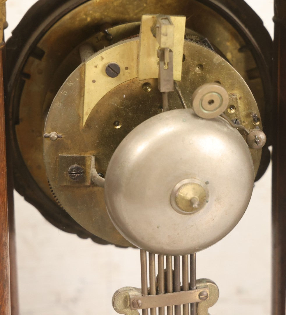 Lot 021 - Antique Inlaid Wood Cased Time And Strike Clock With Brass Adornments, Crane Decorations, Woman's Head On Pendulum, With "Brocot Brevete" Marked Movement, Porcelain Dial, Untested, As-Is, 16-1/2" Height