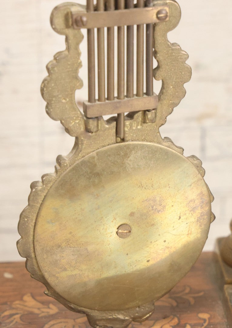 Lot 021 - Antique Inlaid Wood Cased Time And Strike Clock With Brass Adornments, Crane Decorations, Woman's Head On Pendulum, With "Brocot Brevete" Marked Movement, Porcelain Dial, Untested, As-Is, 16-1/2" Height