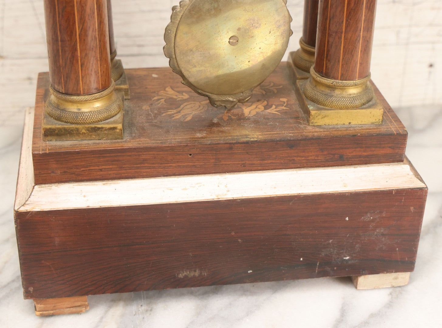 Lot 021 - Antique Inlaid Wood Cased Time And Strike Clock With Brass Adornments, Crane Decorations, Woman's Head On Pendulum, With "Brocot Brevete" Marked Movement, Porcelain Dial, Untested, As-Is, 16-1/2" Height