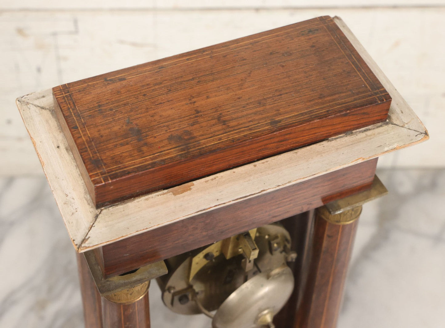 Lot 021 - Antique Inlaid Wood Cased Time And Strike Clock With Brass Adornments, Crane Decorations, Woman's Head On Pendulum, With "Brocot Brevete" Marked Movement, Porcelain Dial, Untested, As-Is, 16-1/2" Height