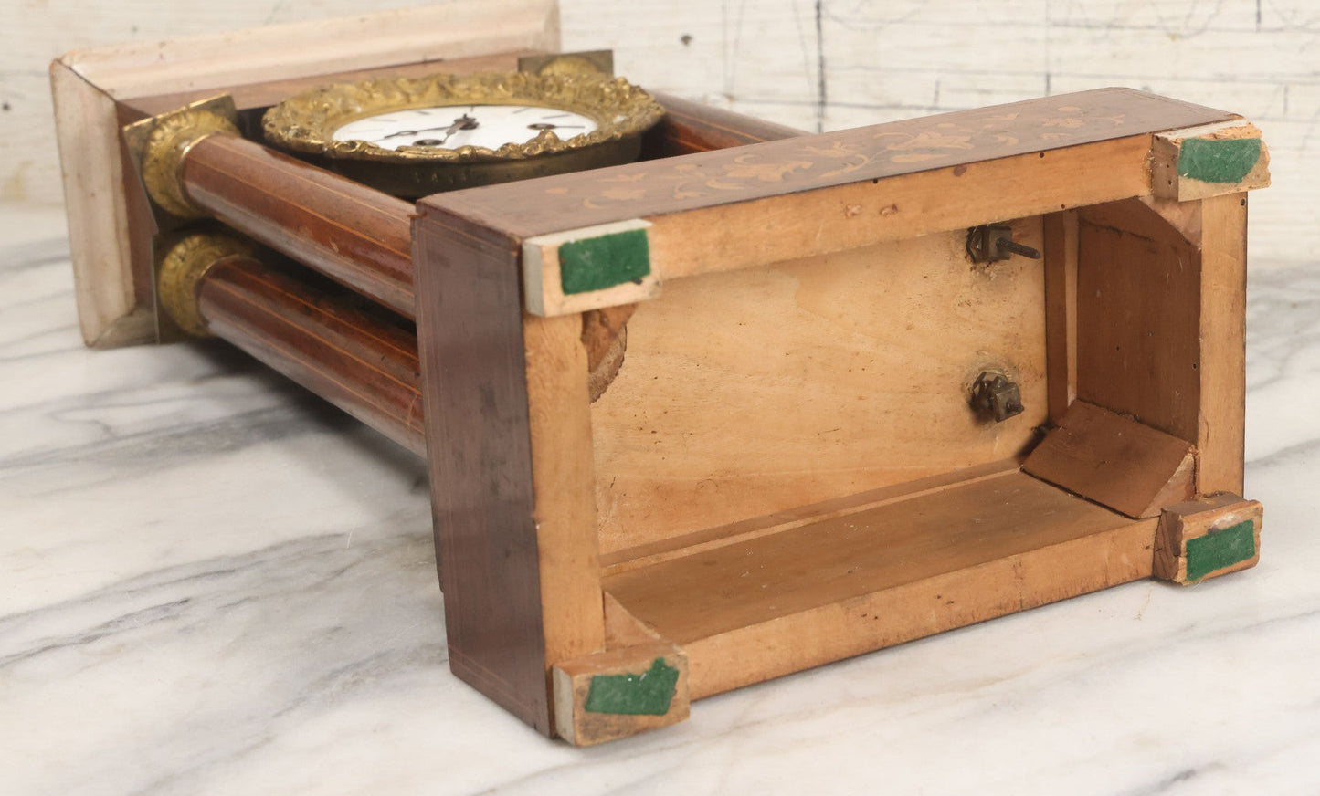 Lot 021 - Antique Inlaid Wood Cased Time And Strike Clock With Brass Adornments, Crane Decorations, Woman's Head On Pendulum, With "Brocot Brevete" Marked Movement, Porcelain Dial, Untested, As-Is, 16-1/2" Height